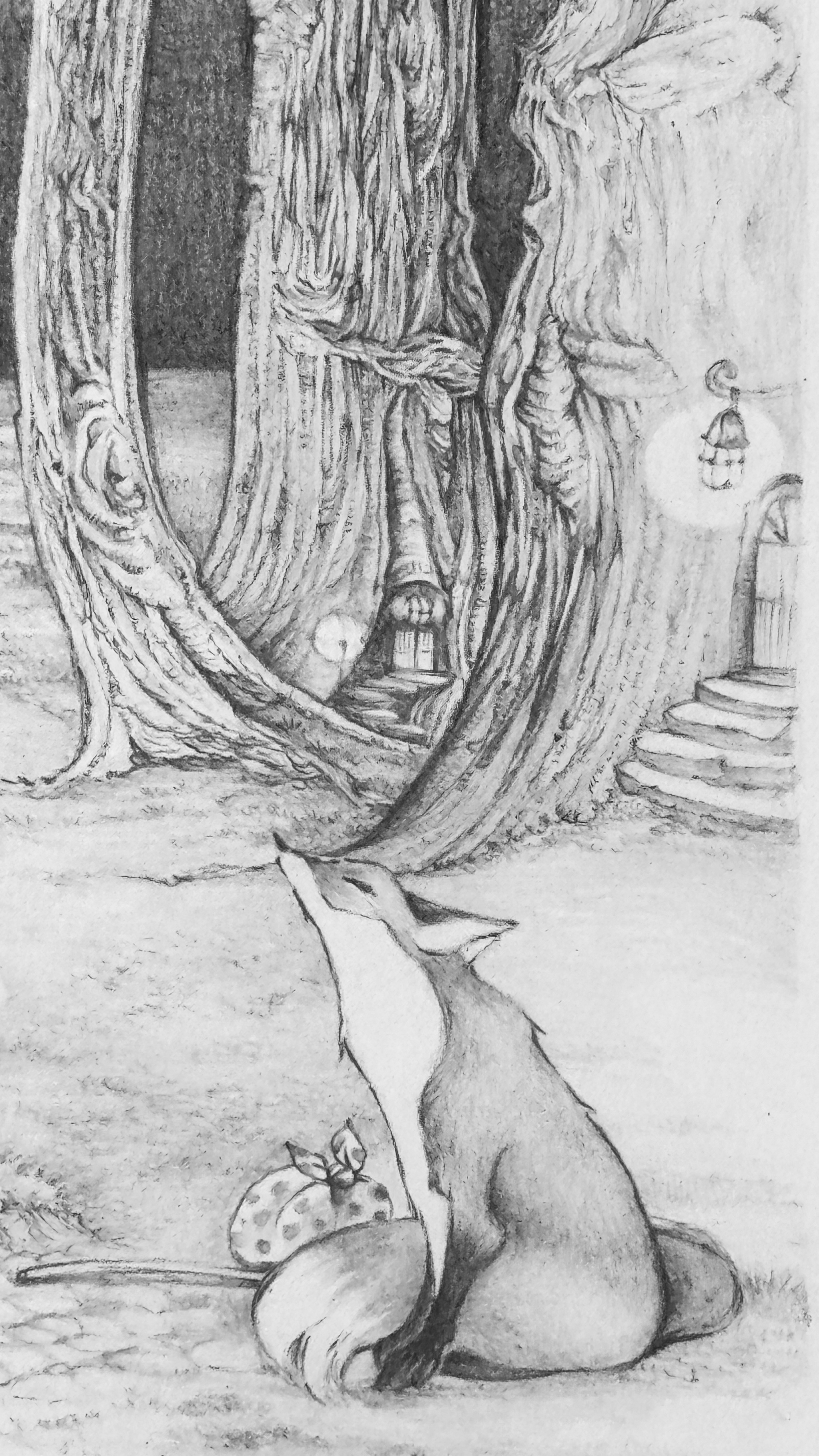 Bosco incantato con volpe e casette di gnomi, illustrazione in bianco e  nero – Giardinaggio Irregolare, image size:2268x4032